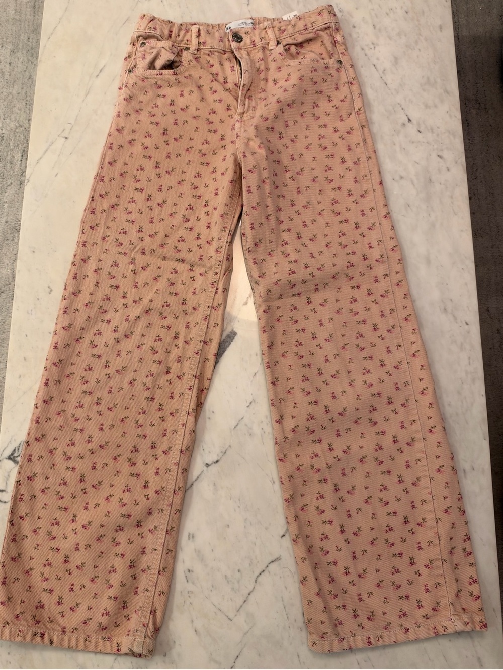 Zara Kids Pink Straight-Leg Jeans with Tiny Floral Print